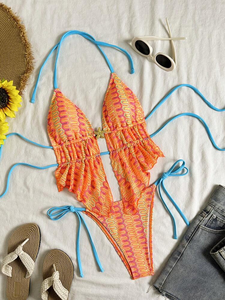 Swim Vcay 2枚セット ホルターネック バックレス メタリックスター装飾
