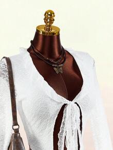 Amplova 2026新款蕾丝前开衩性感女式上衣，流苏下摆A字低腰裙，女士两件套 - 白色 - 查看 1