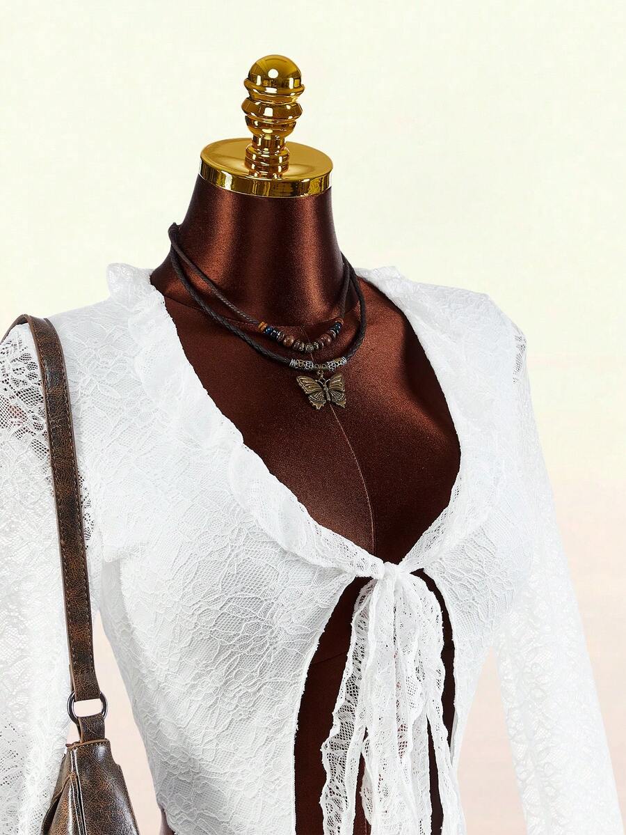 Amplova 2026新款蕾丝前开衩性感女式上衣，流苏下摆A字低腰裙，女士两件套 - 白色 - 查看 1