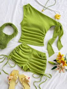 Soleia 春夏新款休闲度假西部海滩婚礼宾客着装毕业早午餐女士圣帕特里克节春假复活节音乐节优雅波西米亚热带风情针织纹理绿色不对称肩部系带抽绳单肩两件套 - 綠色 - 查看 4