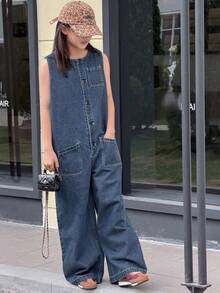 Dazy Kids Tween Girls' Round Neck Single-Breasted Multi-Pocket Casual Wide Leg Denim Jumpsuit - Dark Wash - View 4