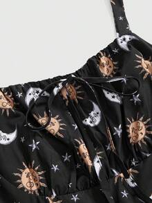 ROMWE Hippie Spring And Summer Fairycore Vintage Forest Style Sun, Moon & Star Print Plus Size Black Dress, Women Long Dress - Black - View 3