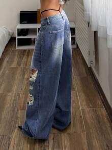 StreetHx Women's Casual Fashion Street Low Waist Distressed Loose Wide Leg Jeans - Blue - View 2