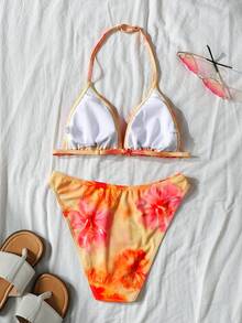 SHEIN 适合青少年女孩的彩色橙色印花休闲日常度假比基尼上衣 - 橘色 - 查看 2