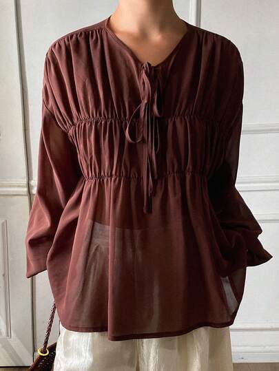 DAZY Women's Solid Color Loose Pleated Drawstring Crew Neck Long Sleeve Elegant Resort Blouse, Spring/Autumn