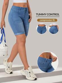 Flexra 夏季休闲水洗修身牛仔短裤 - 藍色 - 查看 1