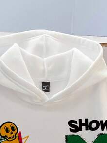 Manfinity Joysei 男士休闲标语印花连帽衫，秋冬款 - 白色 - 查看 4