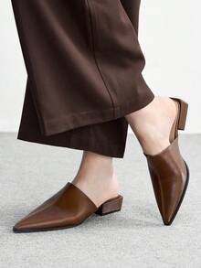 CUCCOO BIZCHIC Minimalist Women Mule Heels Smooth Finish Pointed Toe Low Block Heel Slip On Office Shoes - Brown - View 4
