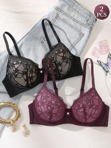 DesireSculpt 2pcs Women's Underwire Lace Bras, Sexy & Comfortable Lift And Support - Multicolor - View 1
