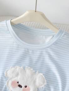 2pcs Women Summer Cute Cartoon 3D Dog Print Striped Round Neck Short Sleeve Loose Casual Pajama Set - Blue - View 6