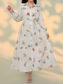 DAZY Đầm midi nữ thanh lịch tay phồng họa tiết hoa, có thắt lưng, thích hợp cho dự tiệc cưới mùa xuân/hè. - Màu be - Xem 3