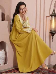 Al Najma Women's Loose Embroidered Beaded Robe For Ramadan - Mustard Yellow - View 6