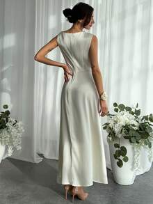 Aloruh Đầm dự tiệc bằng vải satin màu mơ, kiểu quấn, thắt eo, xếp ly vai dành cho nữ. - Màu be - Xem 8