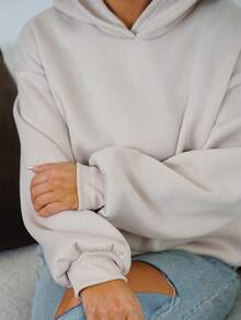 SAYEHFBABY Trang phục mùa hè cho nữ, áo hoodie dài tay màu xanh lá cây đơn giản, thường ngày, không dây rút, cỡ lớn - Màu be - Xem 3