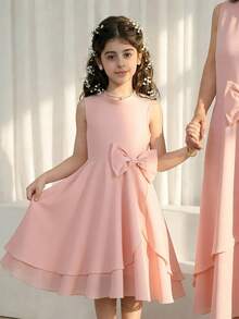 SHEIN 1pc Girls' Bowknot Side Design Halter Neck Fashionable Dress, Summer - Pink - View 2