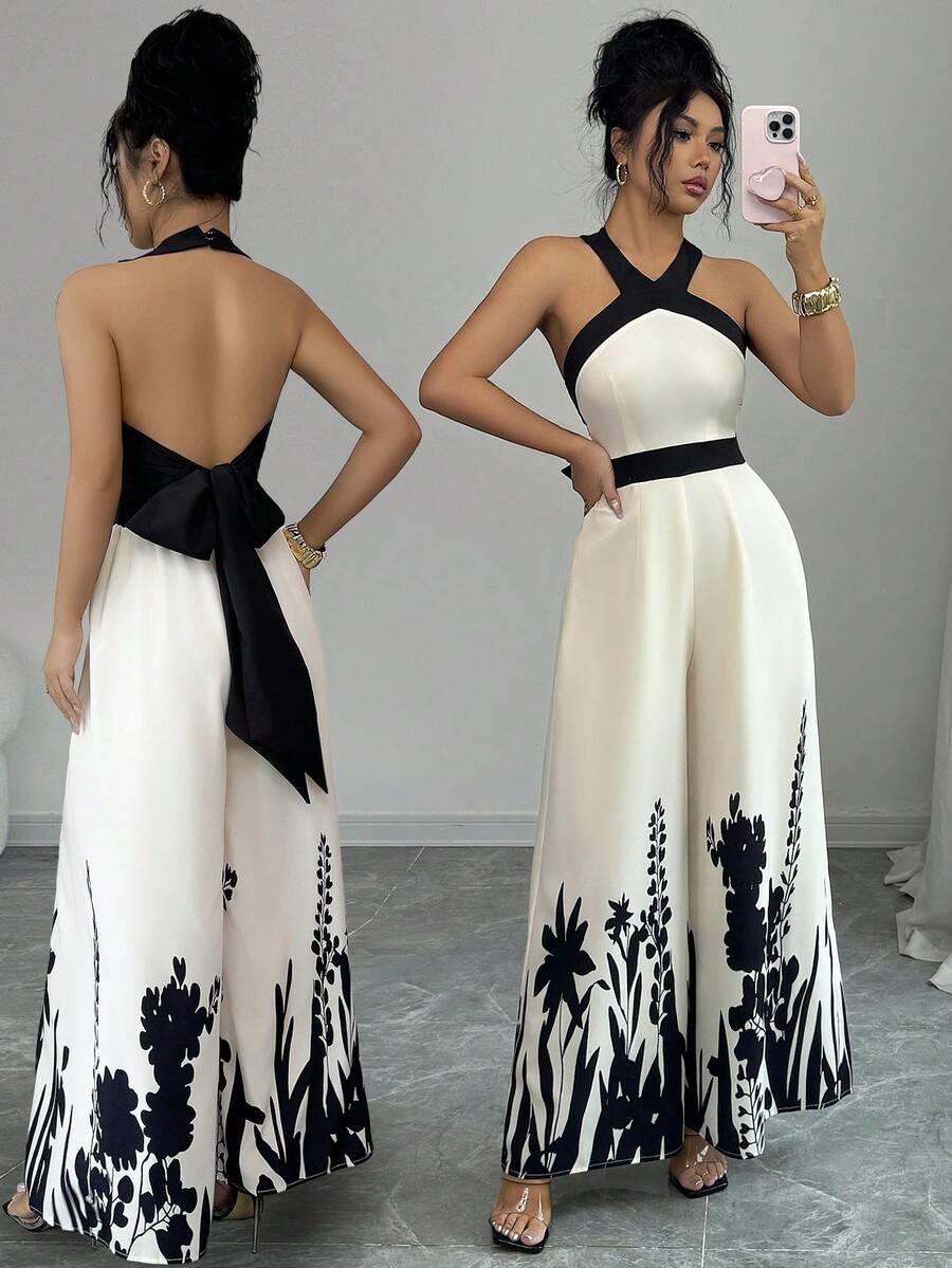 Rafferiza Women's Elegant French Style Black Patchwork Halter Backless Bowknot Tie Waist Long Printed Casual Jumpsuit, Spring/Summer - Apricot - View 1