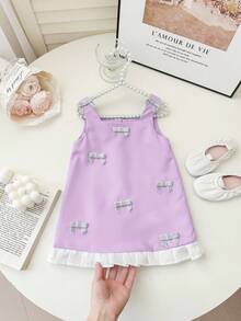 Cute & Elegant Baby Girl Summer Dress,White Colorblock Bow Tie Decor Purple Lavender Lilac Birthday Dress,Spaghetti Strap Birthday Outfit For Baby - Purple - View 11