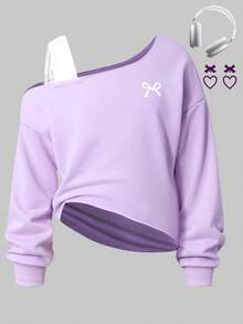 Sparklyn Tween GirlsBow Print Asymmetric Off-Shoulder Asymmetrical Hem Casual Sweatshirt - Purple - View 1