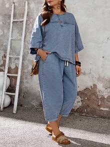 EMERY ROSE Bộ đồ denim cỡ lớn gồm áo dài tay và quần dài (2 món) - Màu xanh lam - Xem 1