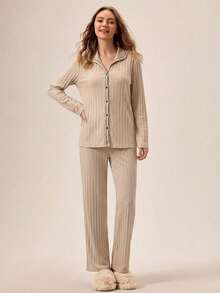 Loomlin 2pcs/Set Sleepwear Pajama Set With Contrast Color Collar And Hemline, Decorated With Ribbed And Sewing Thread Lines - Apricot - View 3