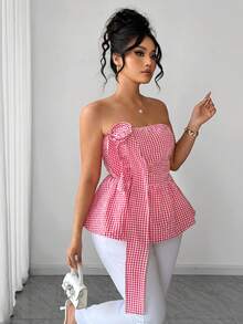 Elenzga Plus Size Women's Summer New Sexy Floral Gingham Bustier Crop Top With Ruched Waist And Flared Hem, Suitable For Daily Wear, Dates, Vacation, Beach, Music Festivals - Watermelon Pink - View 2
