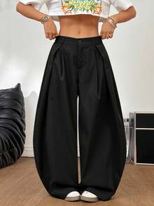 SHEIN Tall CURVE Quần ống rộng xếp ly màu trơn dáng rộng thoải mái dành cho nữ cỡ lớn - màu đen - Xem 2