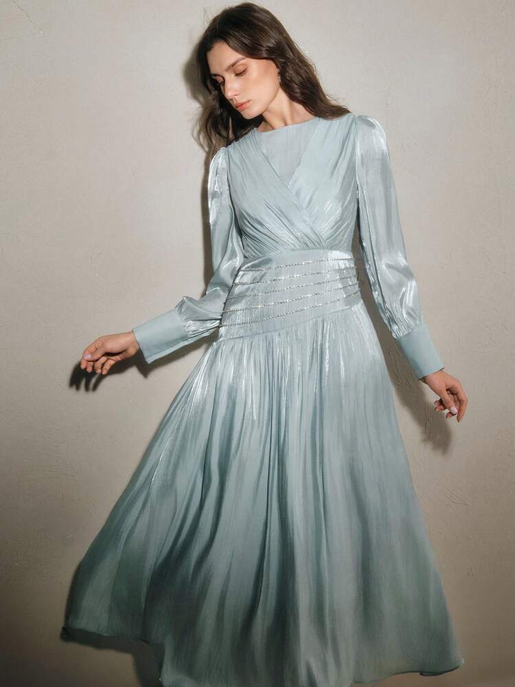 Women's New Arrival Long Sleeve Rhinestone Embellished Elegant Maxi A-Line Mint Green Dress, Spring/Summer, Suitable For Valentine's Day