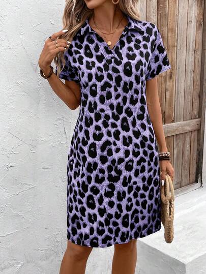 EMERY ROSE Plus Size Leopard Print Casual Short Sleeve Dress, Leopard Print Dress, Women Vacation Dress, Short Sleeve Summer Dress, Leopard Dress Plus Size,Spring/Summer/Vacation, Daily Wear