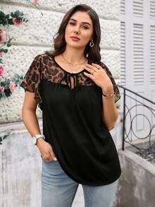 Miaspire Plus Size Women Leopard Print Tie Front Ruffle Sleeve Dressy Blouse,Summer/Spring - Black - View 4