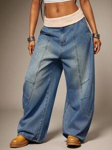 Denimoi Rib Fold Over Baggy Fit Barrel Jeans Fashionable Streetwear - Light Wash - View 1