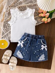 Genkimix Kids 2件套女童象牙色罗纹荷叶边无袖上衣和牛仔铆钉短裤，夏季套装，柔软优雅的夏季套装，女童牛仔短裤套装，牛仔套装，儿童牛仔裙套装，女童夏季服装套装 - 白色 - 查看 7