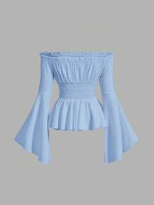 SHEIN MOD Áo kiểu cổ điển cỡ lớn, tay loe khoét rỗng, eo buộc dây tương phản. - Màu xanh lam - Xem 2