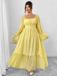 Elenzga Plus Size Women's Elegant Yellow Autumn Maxi Dress,Bow Tie Chest Mesh Patchwork Ruffle Hem Long Sleeve Gathered Waist A-Line Vacation Holiday Dress - Light Yellow - View 6