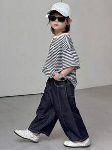 DAZY 男童弹性腰带口袋宽松阔腿休闲牛仔裤（春季款） - 寶藍色 - 查看 2