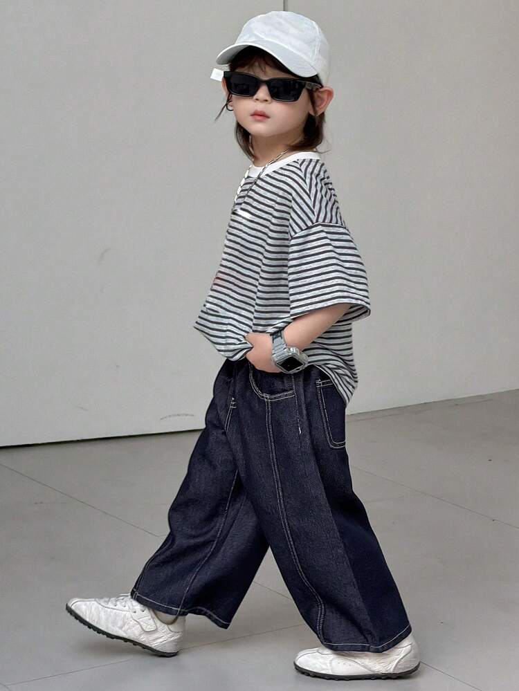 Young Boy Elastic Waist Pocket Loose Wide Leg Casual Jeans Spring