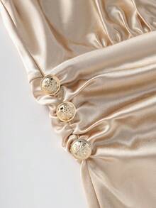 SHEIN Franclia New Apricot Gold Luster Camisole Dress - Cross V-Neck With Chest Ruches & Waist-Abdomen Gathered Cinching, A Slim-Fitting Midi Dress. Evoking French Retro Elegance, It Shines As A Versatile Piece (Wear Alone Or Layered) For Parties, Dates, Or Gala Dinners. - Apricot - View 3