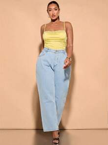 SHEIN BAE 加大码女士夏季甜心领针织连体衣，蕾丝褶皱饰边，黑色 - 黃色 - 查看 4