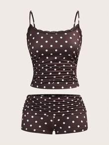 SHEIN EZwear 女士休闲蕾丝拼接波点吊带背心和短裤套装 - 咖啡棕 - 查看 1