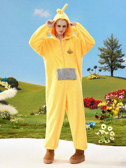Teletubbies X ROMWE Pigiama intero da donna in tessuto di peluche con ricamo cartoni animati, con cappuccio carino e 3D