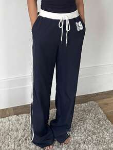 RebeccaVibe 条纹拼接印花低腰直筒系带女式运动长裤 - 藏蓝色 - 查看 5