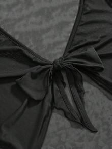 ROMWE Goth 大码女式前系带荷叶袖深V领短款罩衫，度假风简约外套 - 黑色 - 查看 6