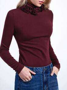 Maija Women's Fuchsia Collar 3D Floral Decor Versatile Elegant Chic Modern Fashion Fitted Comfortable Round Neck Long Sleeve Pullover Suitable For Valentine's Day Festival - Purple - View 4