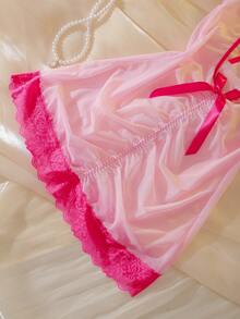 Elegant Lace Patchwork Contrast Color Deep V-Neck Bowknot Ruched Sexy Nightgown, Charming & Graceful For Women - Pink - View 10