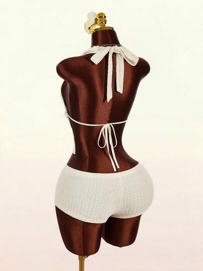 Amplova Sexigt set med enfärgad rygglös halterneck-topp och minishorts för kvinnor, sommar