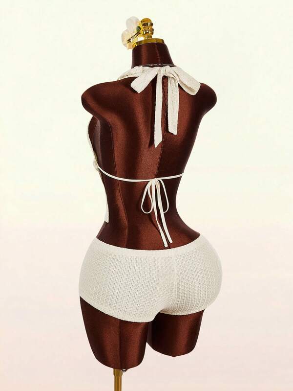 Amplova Women's Sexy Solid Color Backless Halter Top And Mini Shorts 2 Pieces Set, Summer