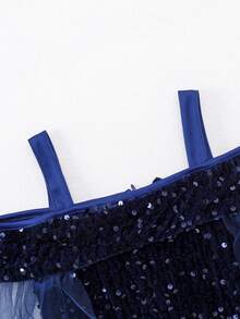 Glamorique Kids 年轻女孩优雅迷人可爱酒红色吊带露肩薄纱收腰鱼尾连衣裙，正式礼服 - 藏蓝色 - 查看 7