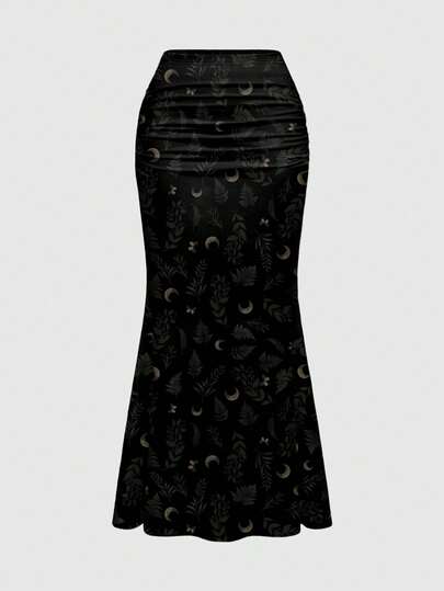 ROMWE Goth 哥特式神秘蝴蝶树叶印花褶皱美人鱼裙摆半身裙，优雅黑色，适合春夏度假穿着