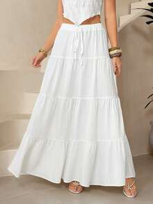 SHEIN Tall 女士休闲假日多层蛋糕裙摆半身裙，适合夏季穿着，白色多层长裙，抽绳半身裙，夏季时尚半身裙 - 白色 - 查看 3