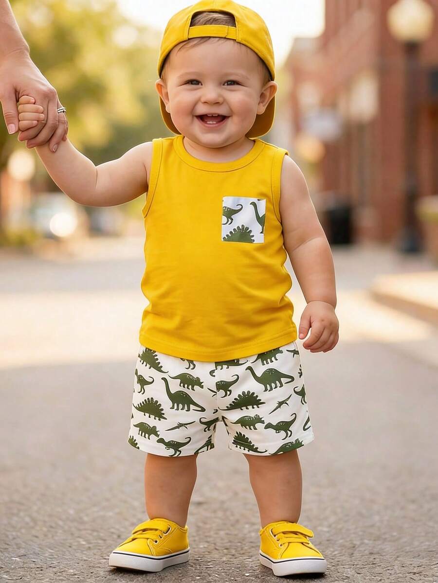 SHEIN 一套男婴时尚休闲可爱恐龙印花仿口袋设计背心和恐龙印花短裤套装，适合夏季户外穿着 - 彩色 - 查看 1