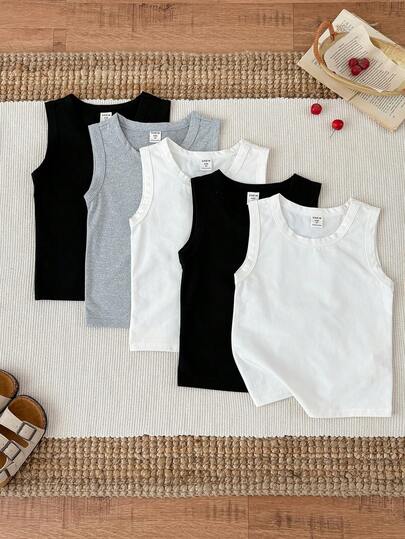 SHEIN 5pcs/Set Young Boy Casual Solid Color Sleeveless Knit Tank Top, Basic Style, Spring/Summer